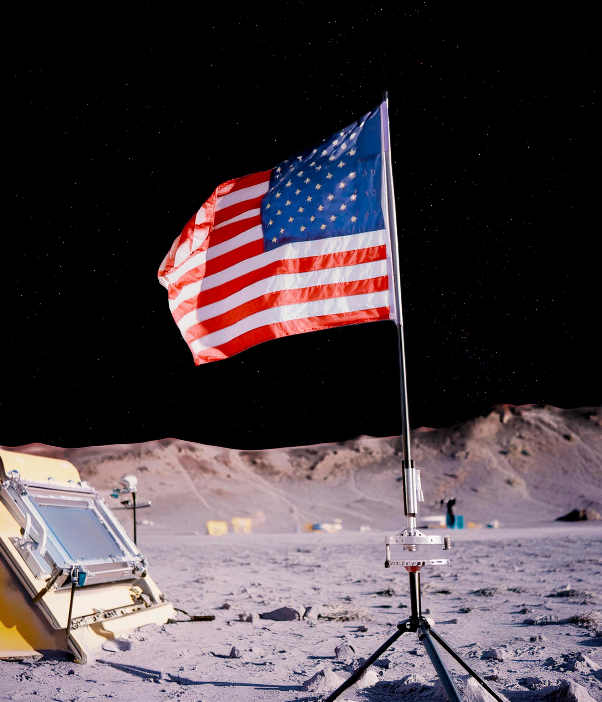 American flag on the Moon in front of a lunar builing